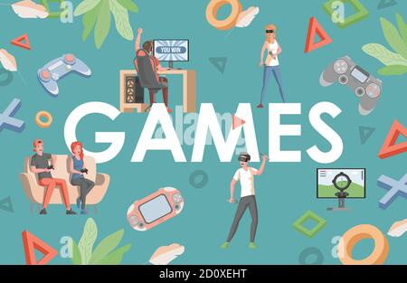 Spiele Wort Vektor flach Banner Design. Glücklich lächelnde Menschen mit Joysticks, Game Controller tragen VR-Helme, und spielen Videospiele. Elektronische Unterhaltung, professionelle Gamer Poster Konzept. Stock Vektor