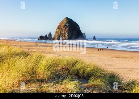 Leute, die am Strand in der Nähe von Haystack Rock auf dem laufen Oregon Küste Stockfoto