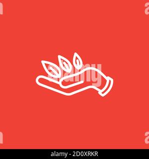 Blatt in Hand Liniensymbol auf rotem Hintergrund. Rote Flache Vektorgrafik. Stock Vektor