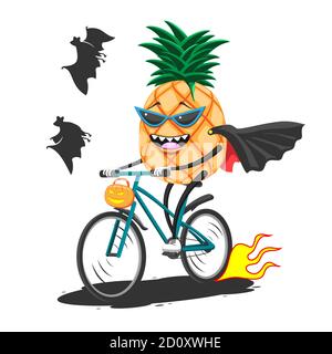 Cartoon Ananas in Sonnenbrille Regenmantel auf Fahrrad Fahrten mit Korb für Halloween, Vektorbild Stock Vektor