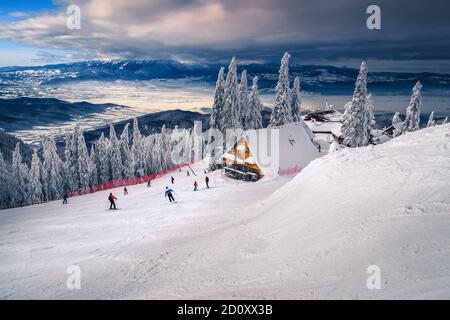 Erstaunliche Winter Erholungsorte und Skipisten mit schneebedeckten Bäumen. Aktive Skifahrer auf den Pisten in Poiana Brasov Skigebiet, Siebenbürgen, Romani Stockfoto