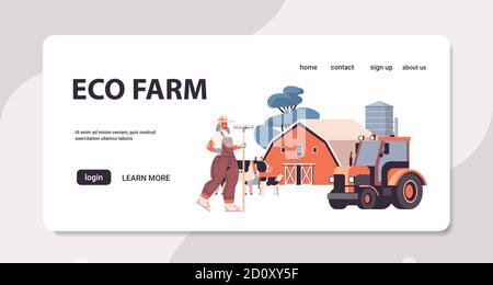 Bäuerin in Uniform Holding Rake Öko Landwirtschaft Landwirtschaft Konzept Horizontale Vektorgrafik für den Kopierraum in voller Länge Stock Vektor