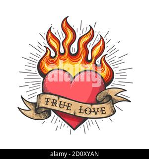 Flaming Heart Tattoo mit Band mit Schriftzug True Love. Old School Stil Tattoo. Vektorgrafik. Stock Vektor