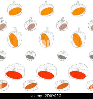 Transparenter Kürbis mit farbigen Flecken nahtloses Muster. Vektorgrafik isoliert auf weißem Hintergrund. Gesundes vegetarisches Essen. Doodle-Stil. Stock Vektor