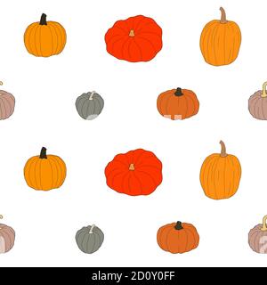 Kürbis bunt Nahtloses Muster. Vektorgrafik isoliert auf weißem Hintergrund. Gesundes vegetarisches Essen. Doodle-Stil. Stock Vektor