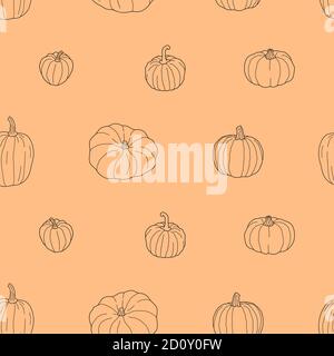 Transparentes Kürbis Nahtloses Muster. Vektordarstellung auf orangefarbenem Hintergrund isoliert. Gesundes vegetarisches Essen. Doodle-Stil. Stock Vektor