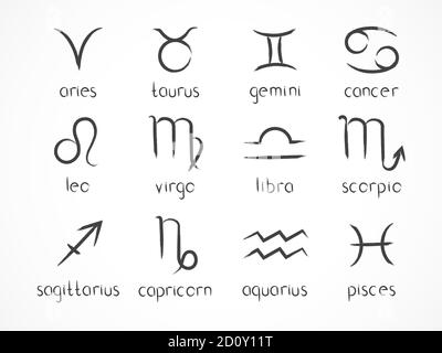 Vektor-Set von Tierkreiszeichen. Handgezeichnete Elemente. Horoskop Symbole Sammlung: widder, stier, zwillinge, Krebs, löwe, jungfrau, waage, skorpion, schütze, Stock Vektor