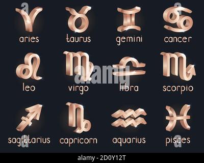 Vektorset von 3d-Tierkreiszeichen. Gold Horoskop Symbole Sammlung: widder, stier, zwillinge, Krebs, löwe, jungfrau, waage, skorpion, schütze, steinbock, ein Stock Vektor