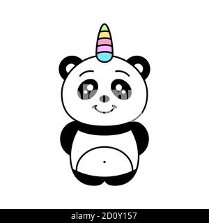 Panda Einhorn Zeichentrickfigur. Lustige Kawaii Pandacorn lächelnd. Niedliches Baby Panda mit buntem Regenbogenhorn. Fantasy Tier stehen. Isoliert. Vektor Stock Vektor