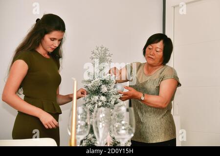 Ansicht von zwei Frauen, die zusammen einen Weihnachtsbaum dekorieren, auf einem unfokussieren Hintergrund. Weihnachtsfeier und Freundschaftskonzept. Stockfoto