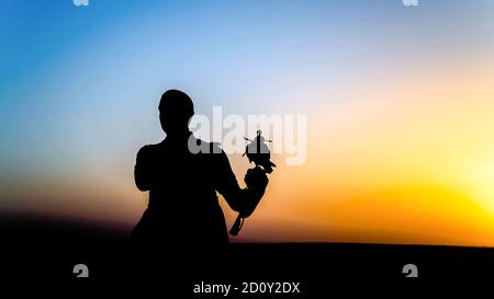 Dubai, VAE - Juni 2013: Falcon Trainer Silhouette in der Wüste mit Sonnenuntergang Landschaft Stockfoto