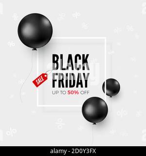 Black friday Web-Banner mit Sonderangebot und Ballons. Preisnachlass. Schwarze Luftballons fliegen herum Angebot Text. Vektor Stock Vektor