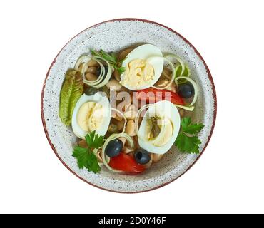 Großes Ei, Speck, Bohnensalat die Dijon-Mischung aus nächster Nähe Stockfoto