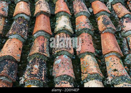 Textur des alten Ziegeldächern, orange in der Farbe. Stockfoto