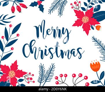 Frohe Weihnachten Rahmenbanner mit Winterpflanzen, Stechpalme, Weihnachtsstern, Tannenzweig, Kiefer. Vorlage für Ihr Design, Postkarten, Einladungen. Vektor Stock Vektor