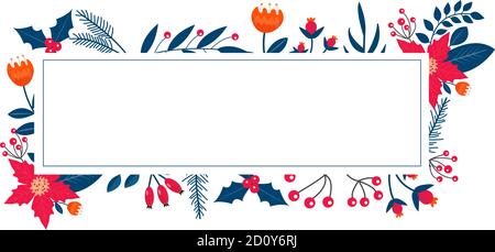 Frohe Weihnachten Rahmenbanner mit Winterpflanzen, Stechpalme, Weihnachtsstern, Tannenzweig, Kiefer. Vorlage für Ihr Design, Postkarten, Einladungen. Vektor Stock Vektor