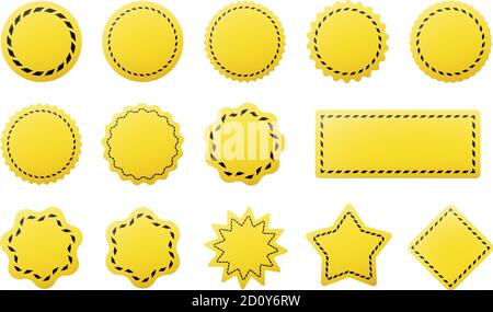 Set von Barrikade Klebeband Aufkleber. Gelbe und schwarze Verkaufsetiketten und runde Preisrabatt-Etiketten. Werbeaufkleber und kreisförmige Haftnotizen. Stock Vektor