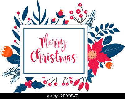 Frohe Weihnachten Rahmenbanner mit Winterpflanzen, Stechpalme, Weihnachtsstern, Tannenzweig, Kiefer. Vorlage für Ihr Design, Postkarten, Einladungen. Vektor Stock Vektor