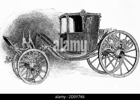Historische englische Kutsche. Chariot aus der Zeit von George III.. Museum of South Kensington. Antike Illustration. 1886. Stockfoto