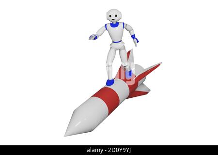 Netter 3d-Roboter steht auf einer Rakete. 3d-Rendering Stockfoto
