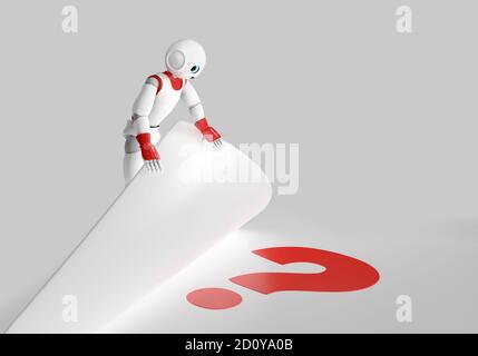 Cute 3d Roboter findet ein Fragezeichen. 3d-Rendering auf Weiß isoliert Stockfoto