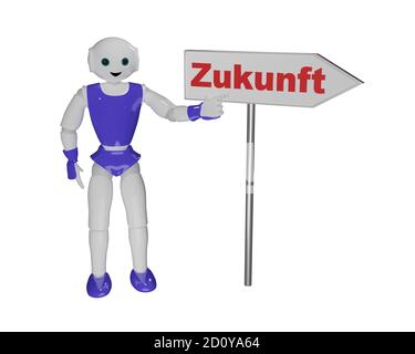 3d-Roboter zeigt mit dem Finger auf ein Pfeilzeichen, das im deutschen Text "Zukunft" sagt. 3d-Rendering Stockfoto