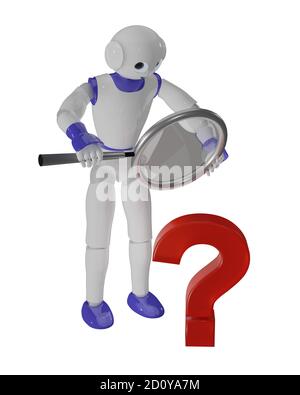 Niedlicher 3d-Roboter schaut durch eine Lupe auf ein Fragezeichen. 3d-Rendering auf Weiß isoliert Stockfoto