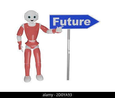 3d-Roboter zeigt mit dem Finger auf ein Pfeilschild in die Zukunft. 3d-Rendering Stockfoto