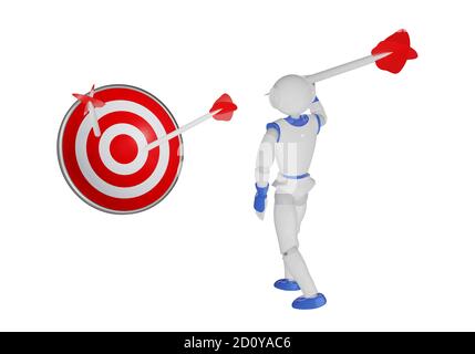 Humanoider Roboter wirft einen Pfeil auf eine Dartscheibe. 3d-Rendering Stockfoto
