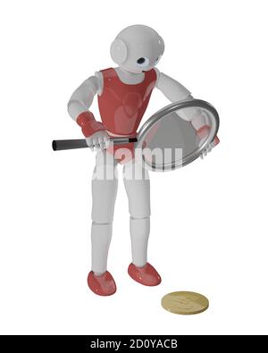Niedlicher 3d-Roboter schaut durch eine Lupe auf eine Münze. 3d-Rendering auf Weiß isoliert Stockfoto