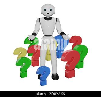 Humanoider Roboter steht in bunten Fragezeichen. 3d-Rendering Stockfoto