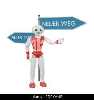 Der 3D-Roboter steht an einem Wegweiser und zeigt in Richtung "New Way". Text auf Deutsch: 'neuer Weg' und 'alter Trott'. 3D-Rendering Stockfoto