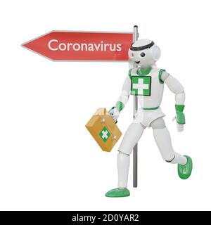 Erste-Hilfe-Roboter in Richtung eines Zeichens, das Coronavirus sagt. 3D-Rendering Stockfoto