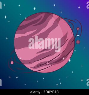 Saturn mit seinem Mond im Weltraum mit Sternen. Vektor-Illustration in niedlichen Cartoon-Stil Stock Vektor