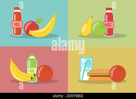 Lunchbox Lebensmittel mit Saft, Milch, Obst und Sandwich. Gesunde und nahrhafte Mahlzeit. Vektorgrafik im Cartoon-Stil Stock Vektor