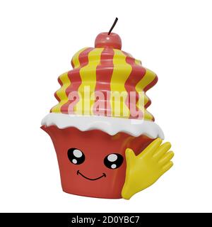 Lustige winkende Emoticon Cupcake mit Kirsche. 3d-Rendering Stockfoto