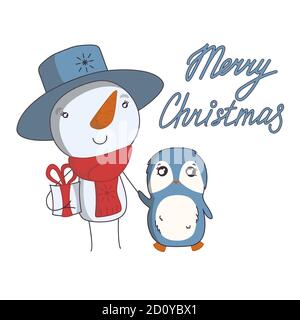 Schneemann bringt ein Weihnachtsgeschenk mit Pinguin. Cute Vektor-Illustration im Cartoon-Stil Stock Vektor