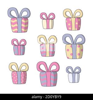 Weihnachtsgeschenke in verschiedenen Größen und Farben. Vektor-Illustration in niedlichen Cartoon-Stil auf weißem Hintergrund Stock Vektor