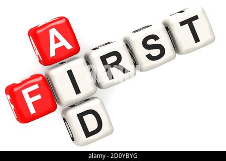 Erste Hilfe Würfel Kreuzworträtsel auf weißem Hintergrund, 3D-Rendering Stockfoto