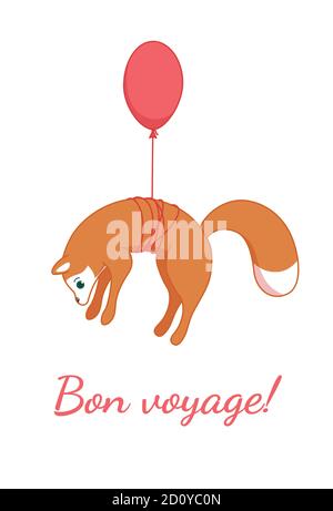 Frech Rotfuchs versucht, auf einem Balloon zu fliegen. Karte für Reisende. Vektor-Illustration in niedlichen Cartoon-Stil Stock Vektor