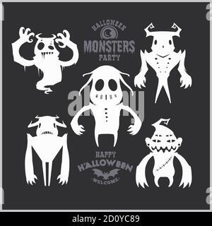 Set von Mostern für Halloween. Eine Sammlung von schwarzen Silhouetten mystischer Kreaturen. Vektor-Illustration von Monstern und Hexen. Stock Vektor