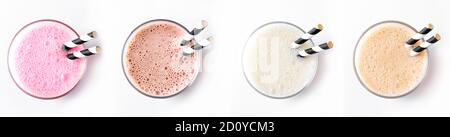 Set von köstlichen Milch Shakes oder Smoothies isoliert auf weißem Hintergrund. Verschiedene Protein-Shakes, Erdbeere, Schokolade, Vanille, Karamell Energy Drinks Stockfoto