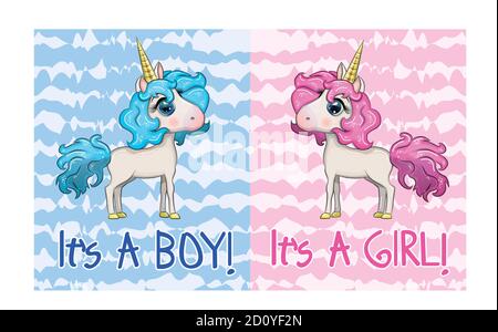 Baby Dusche Grußkarte mit niedlichen Cartoon Einhorn Mädchen und Junge Stock Vektor