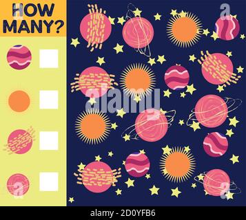 Zählspiel für Vorschulkinder. Pädagogisch ein mathematisches Spiel. Zählen Sie, wie viele Raumschiffe Stock Vektor