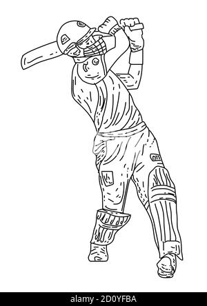 Cricket-Spieler aus Linie Zeichnung. vektor-Illustration Stock Vektor