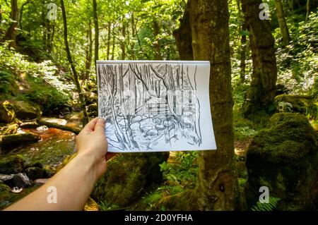 Dominika Wroblewska skizziert Burbage Brook in Padley Gorge bei Grindleford, Derbyshire. Stockfoto