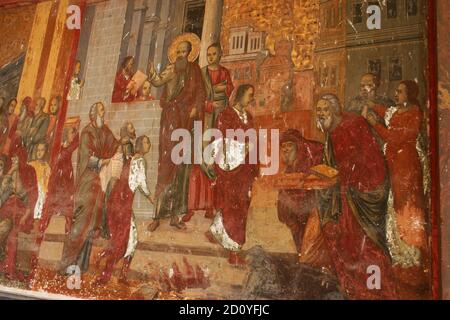 Kloster Kaldarusani, Kreis Ilfov, Rumänien. Fresko mit der Darstellung des heiligen Paulus bei der Areopag-Predigt in Athen. Stockfoto