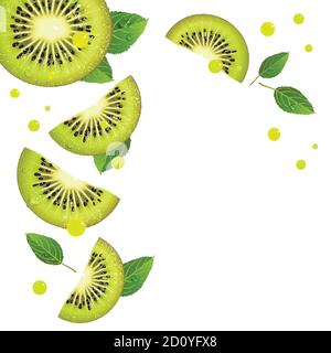 Hintergrund von saftigen Kiwi Scheiben und Spritzer Saft auf Ein weißer Hintergrund Stock Vektor