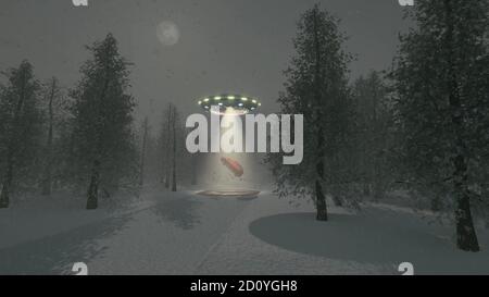 Alien UFO Winter Weihnachtsbaum Hintergrund 3d-Rendering Stockfoto