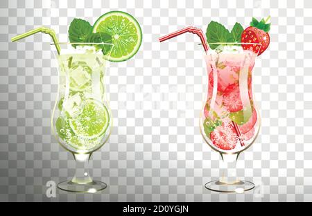 mojito cocktails Limette und Erdbeeren auf transparentem Hintergrund Stock Vektor